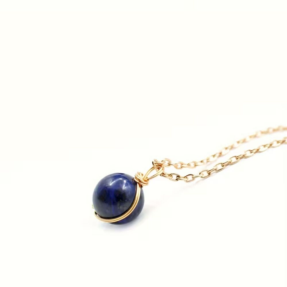 Natural Round Lapis Luzuli Ball Pendant Gmstone Necklace Gold Blue Charm Crystal